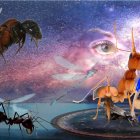 Surreal composite image: Enlarged insects, human-like figure, celestial eyes