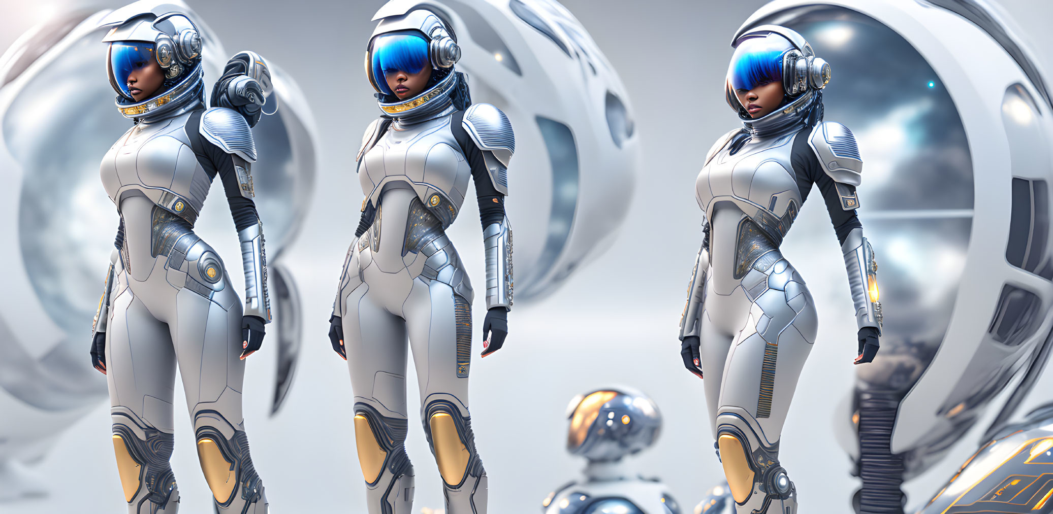 Futuristic female humanoid in white suit and helmet with blue visor, surrounded by spherical robots