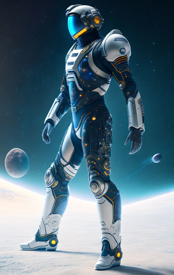 Futuristic astronaut robot in white and blue armor on celestial body with stars.