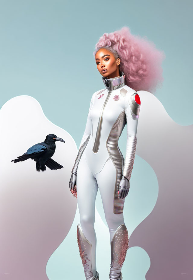 Pink-haired woman in futuristic white suit with black raven on soft blue background