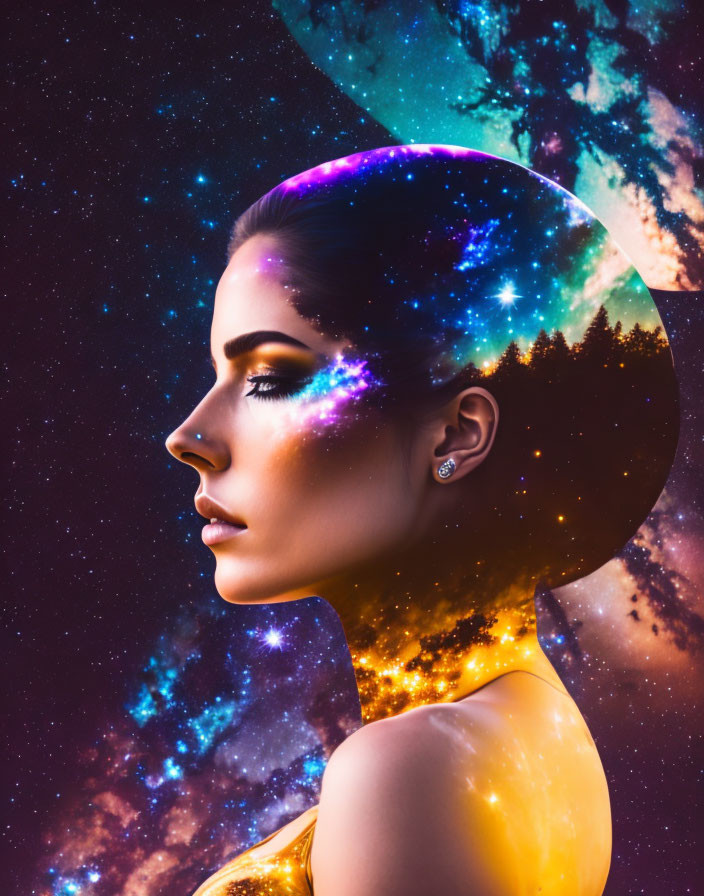 Silhouette of a woman with cosmic stars and nebulas.