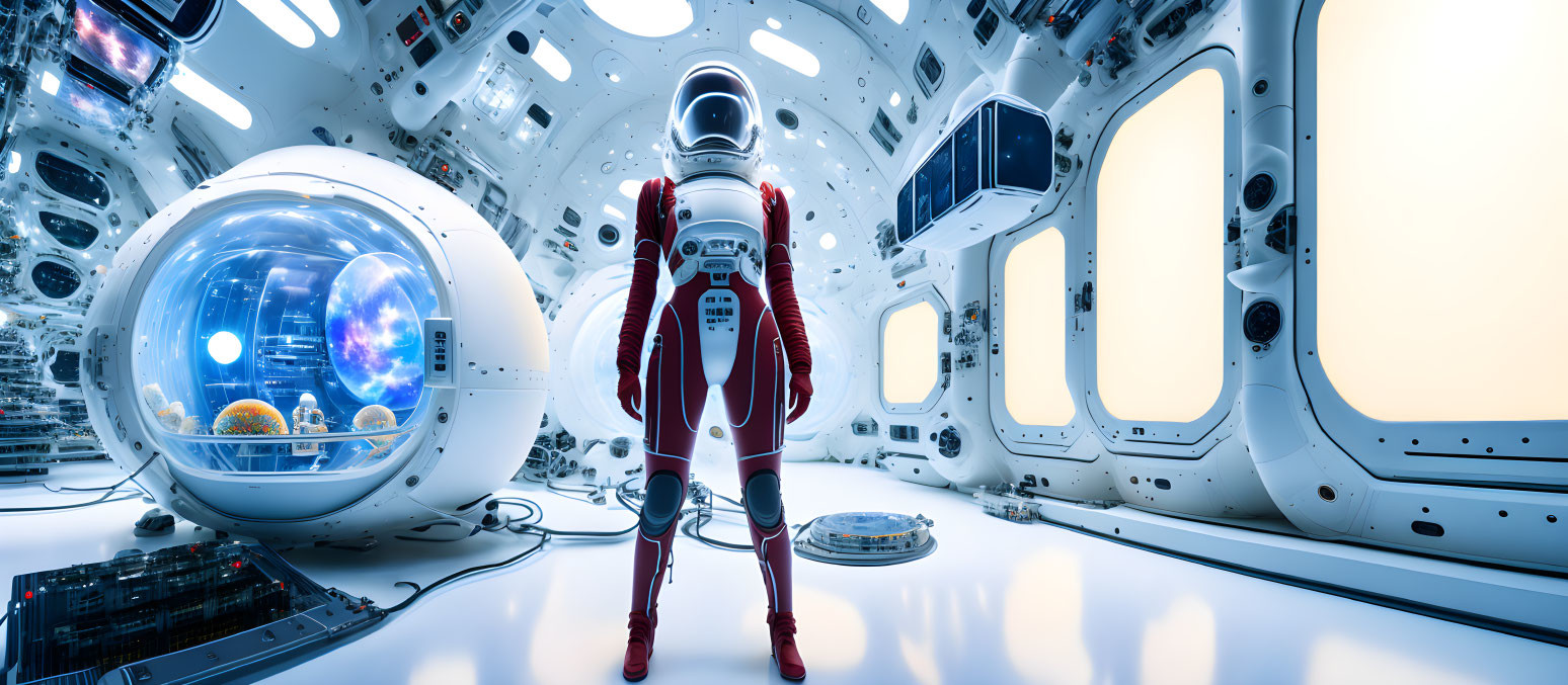 Futuristic humanoid robot in spacecraft with panoramic window and high-tech devices