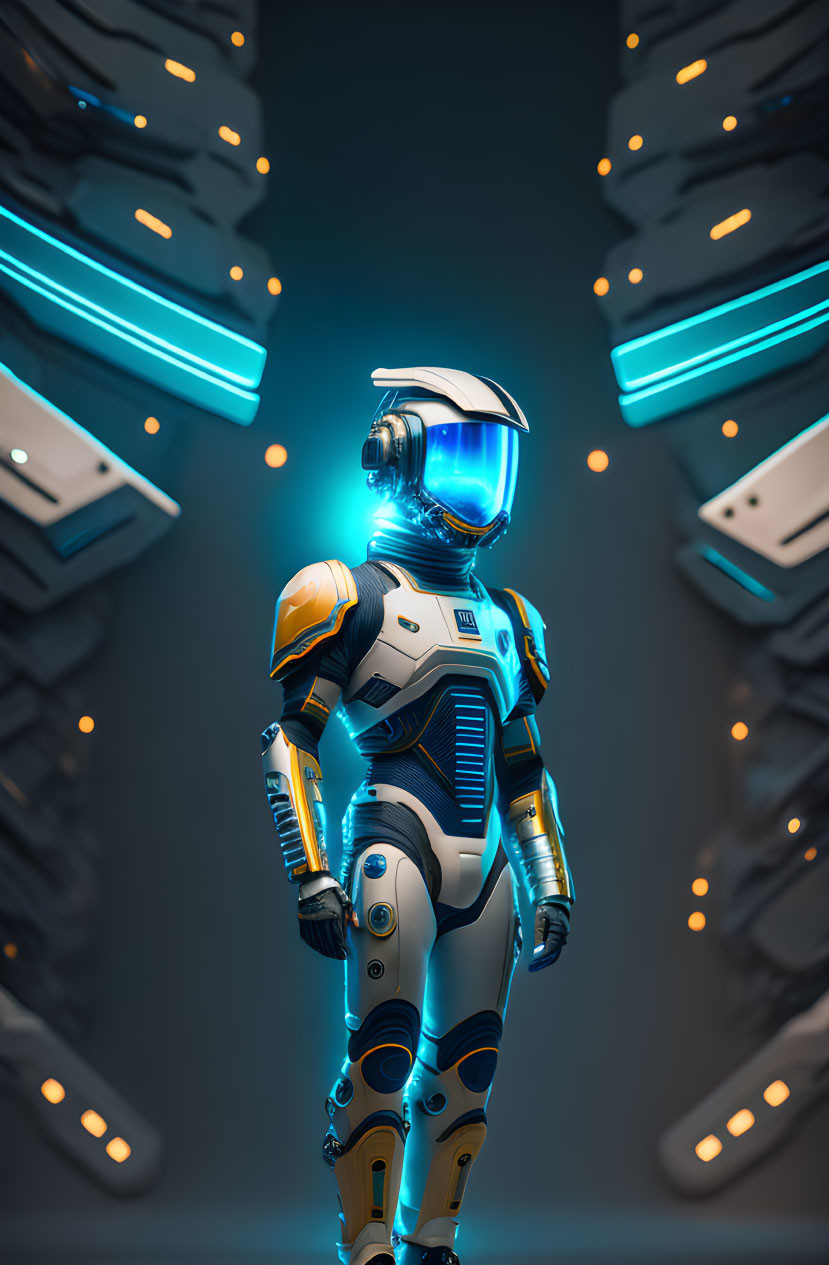 Sleek white and blue futuristic robot in illuminated setting