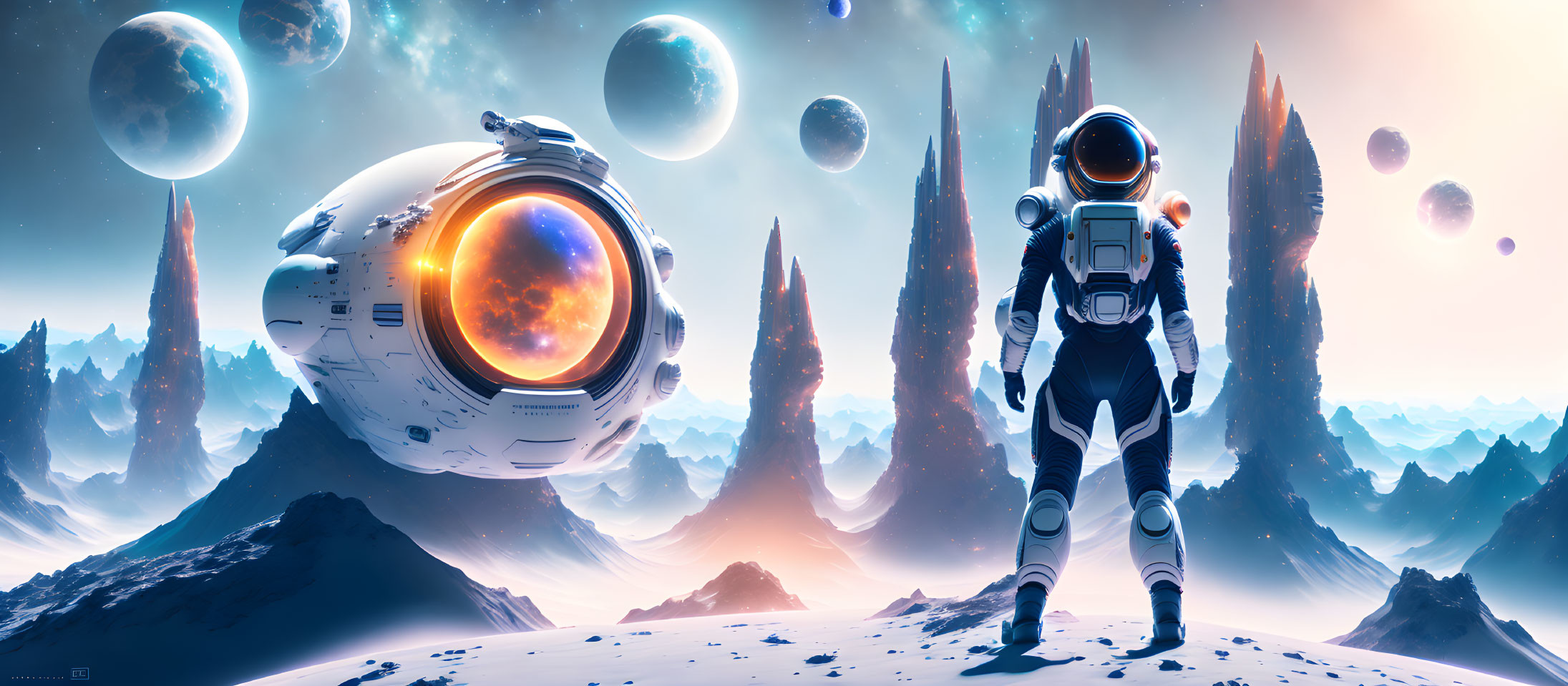 Astronaut on rocky alien landscape with spaceship and planets in nebula sky