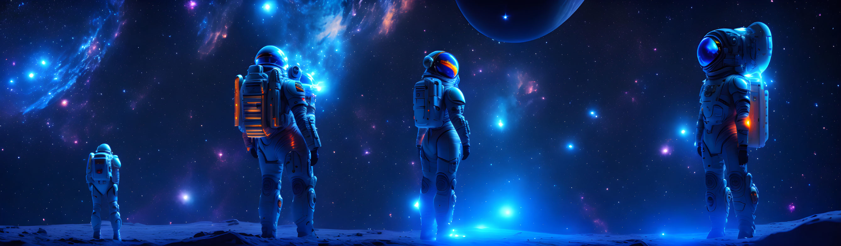 Astronauts on alien planet with glowing blue light