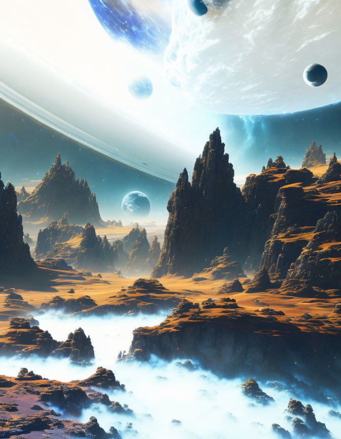 Sci-fi landscape with towering rocks and celestial sky