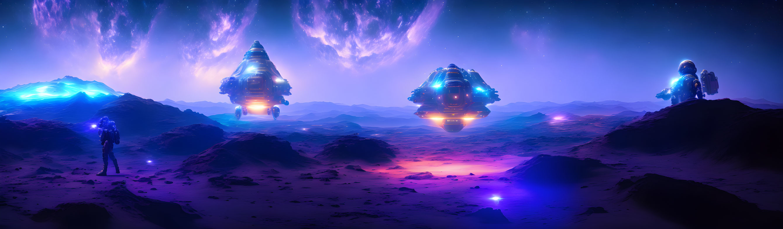 Astronaut and spacecraft explore alien planet with purple hues, rocky terrain, and ethereal auroras