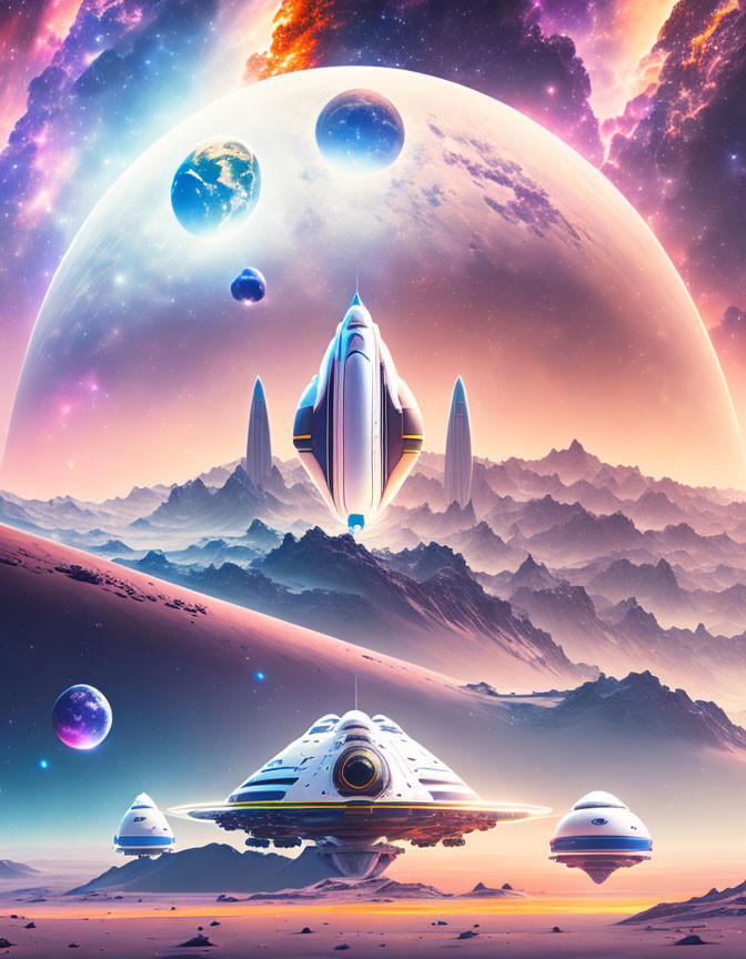 Colorful alien sky with spaceships and moons over rocky sci-fi landscape