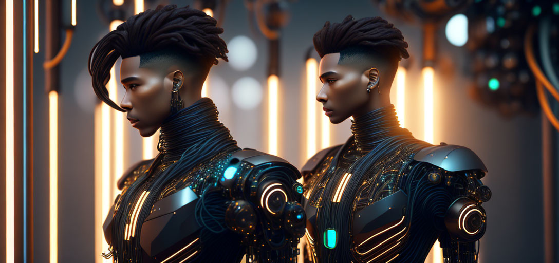 Futuristic androids with stylish hair in black body armor back-to-back in amber-lit room