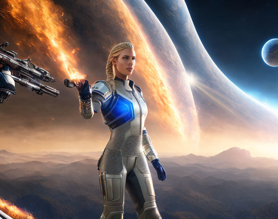 Futuristic woman in space suit with guns, planets, and comet tail