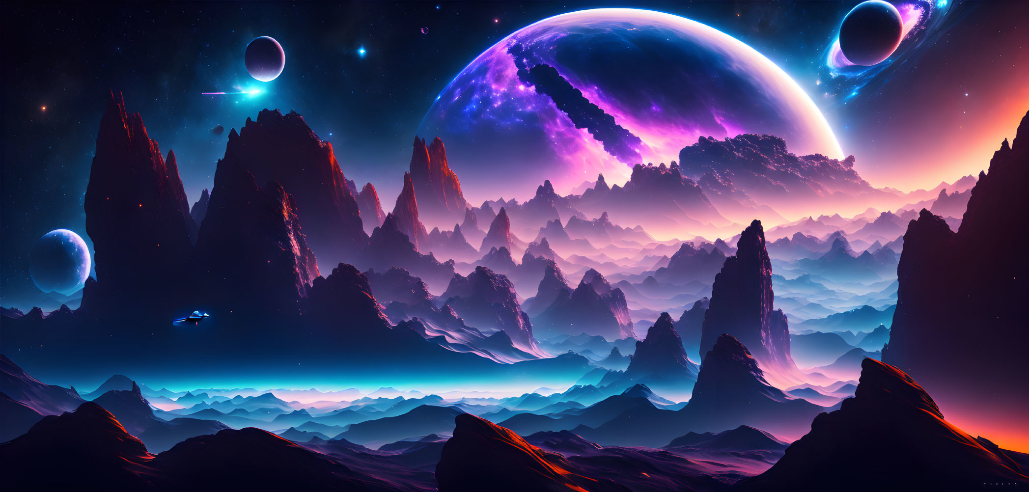 Alien landscape digital artwork with mountains, moons, planets, starry sky