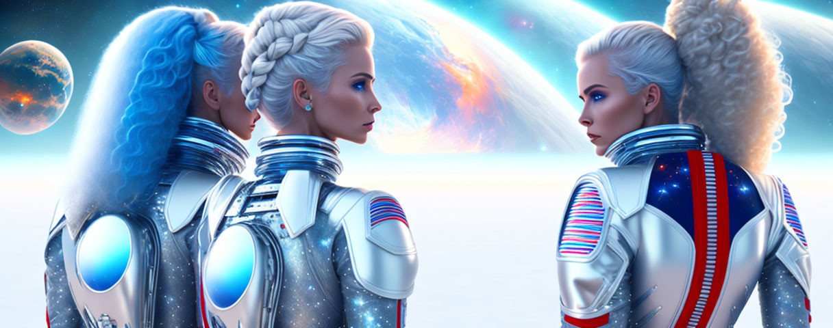 Three women with blue hair in spacesuits against cosmic backdrop