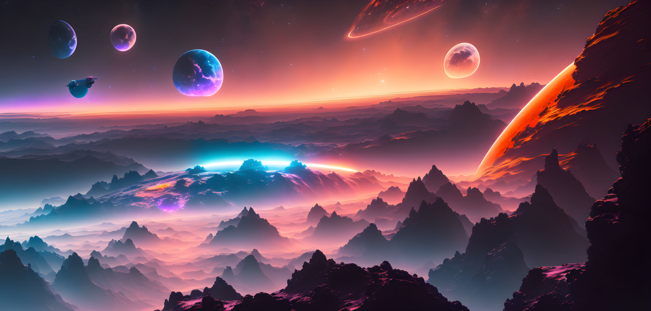 Colorful alien landscape with rugged mountains, multi-colored planets, glowing horizon, and streaking comet.