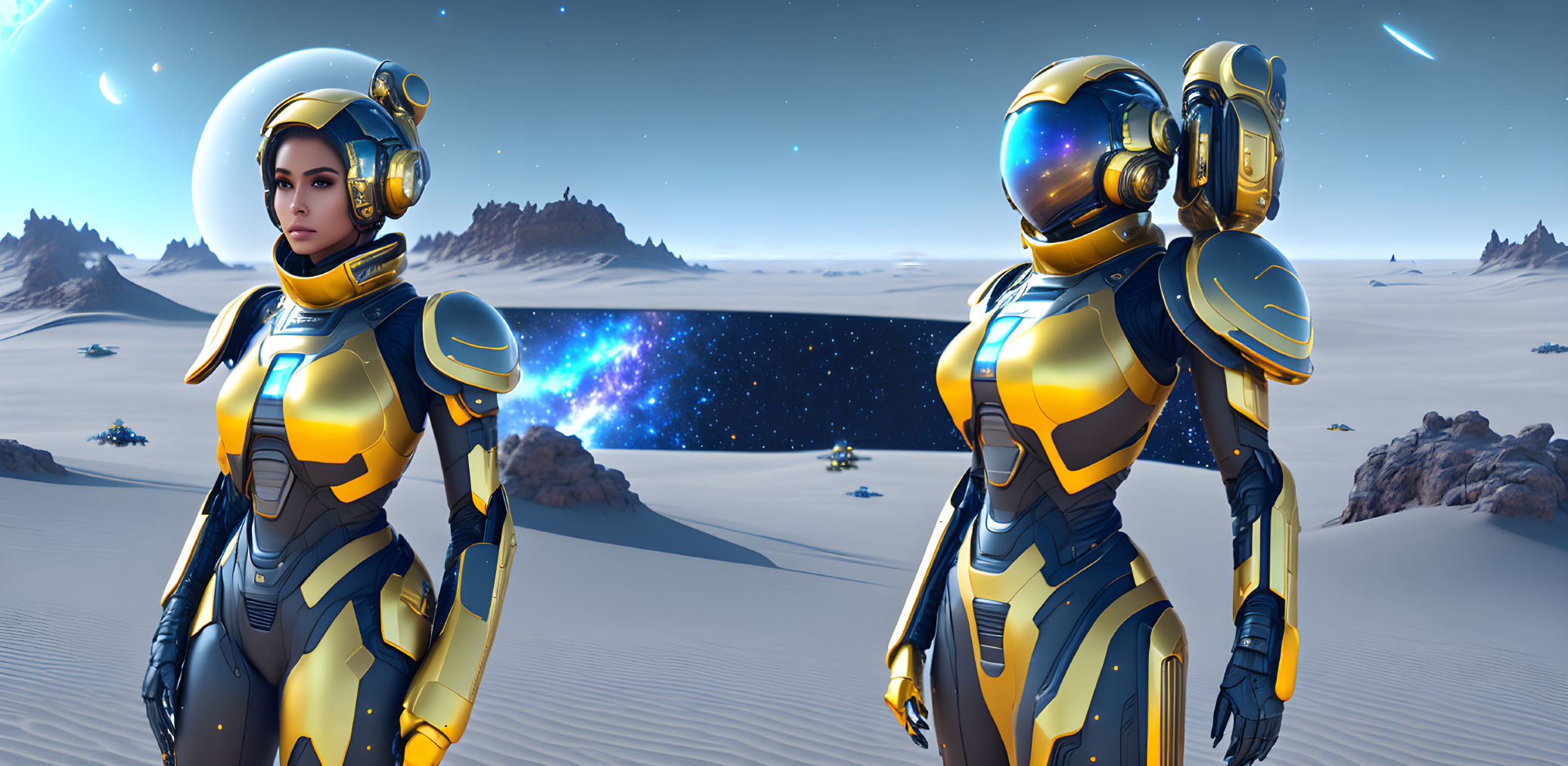 Futuristic astronauts in yellow and blue suits on desert planet with galaxies and flying ships.