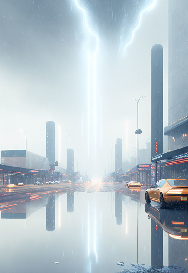 Snowy futuristic cityscape with neon signs, towering buildings, and cars on wet road.