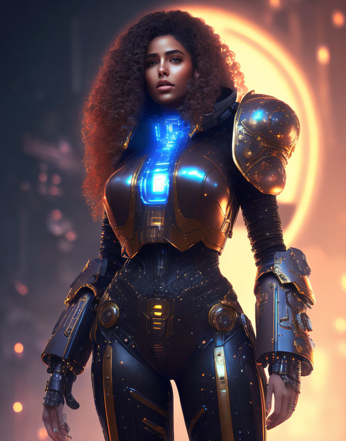 Futuristic armored woman with glowing blue lights and curly hair on warm backdrop