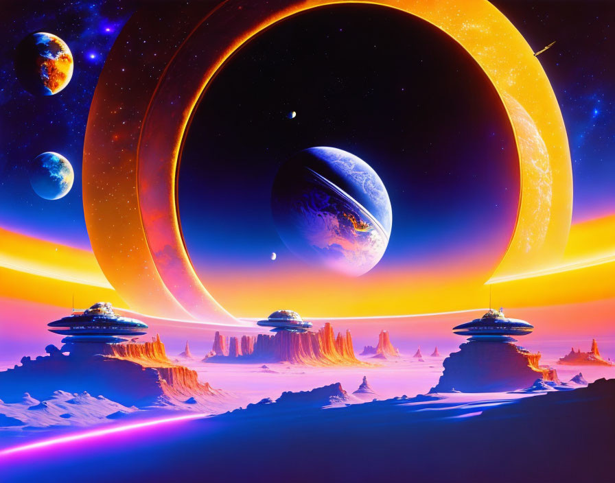 Colorful Sci-Fi Landscape with Alien Structures, Planets, and Ringed Celestial Body