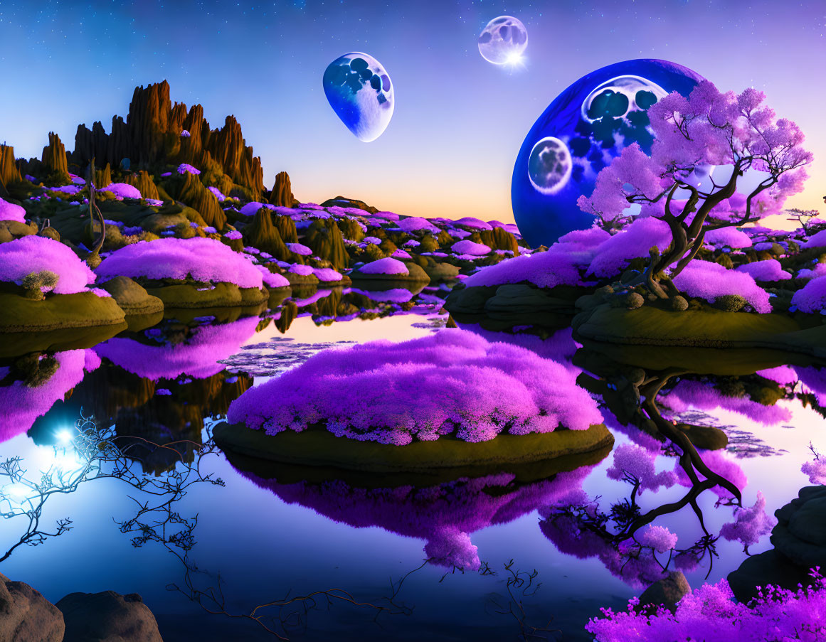 Twilight surreal landscape: purple flora, reflective water, rocky terrain, three moons