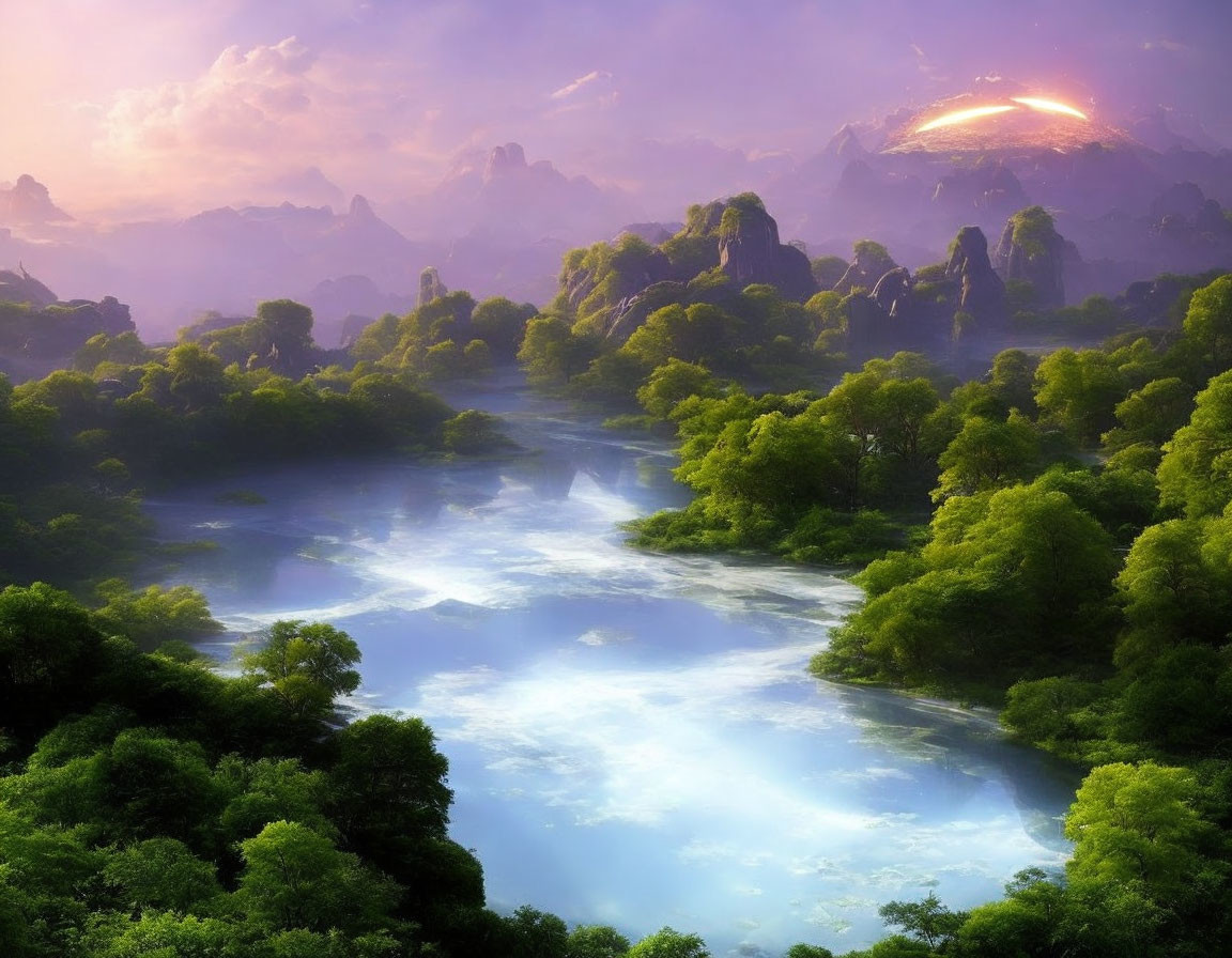 Tranquil landscape: serene river, lush forest, mountains, sunset sky