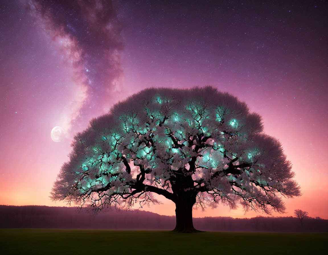 Glowing lights on solitary tree under twilight sky