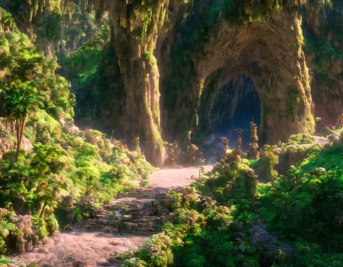 Enchanting forest scene with sunlit stone path and cave entrance