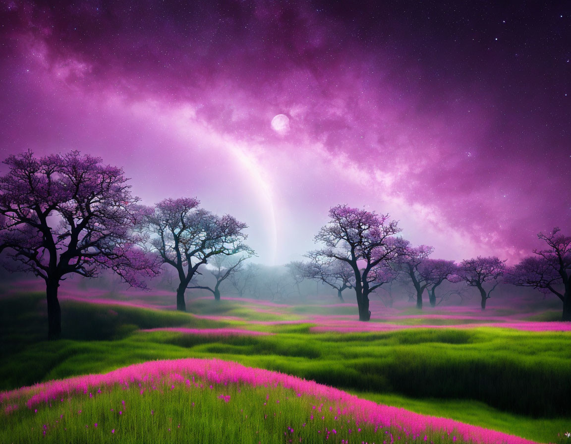 Landscape with trees, moon, purple sky, stars, rainbow, pink flowers in mystical night glow