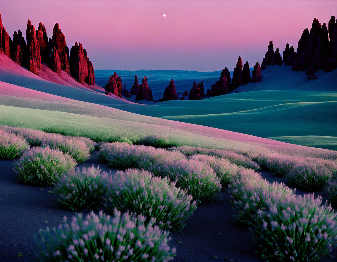 Scenic landscape: purple sky, crescent moon, rugged rocks, sand dunes, green shr