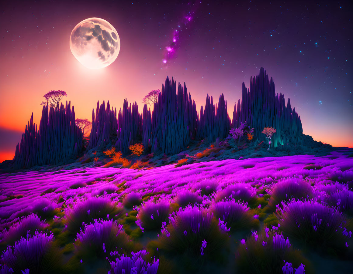 Nighttime fantasy landscape with purple foliage, spiky rocks, starry sky, and large moon