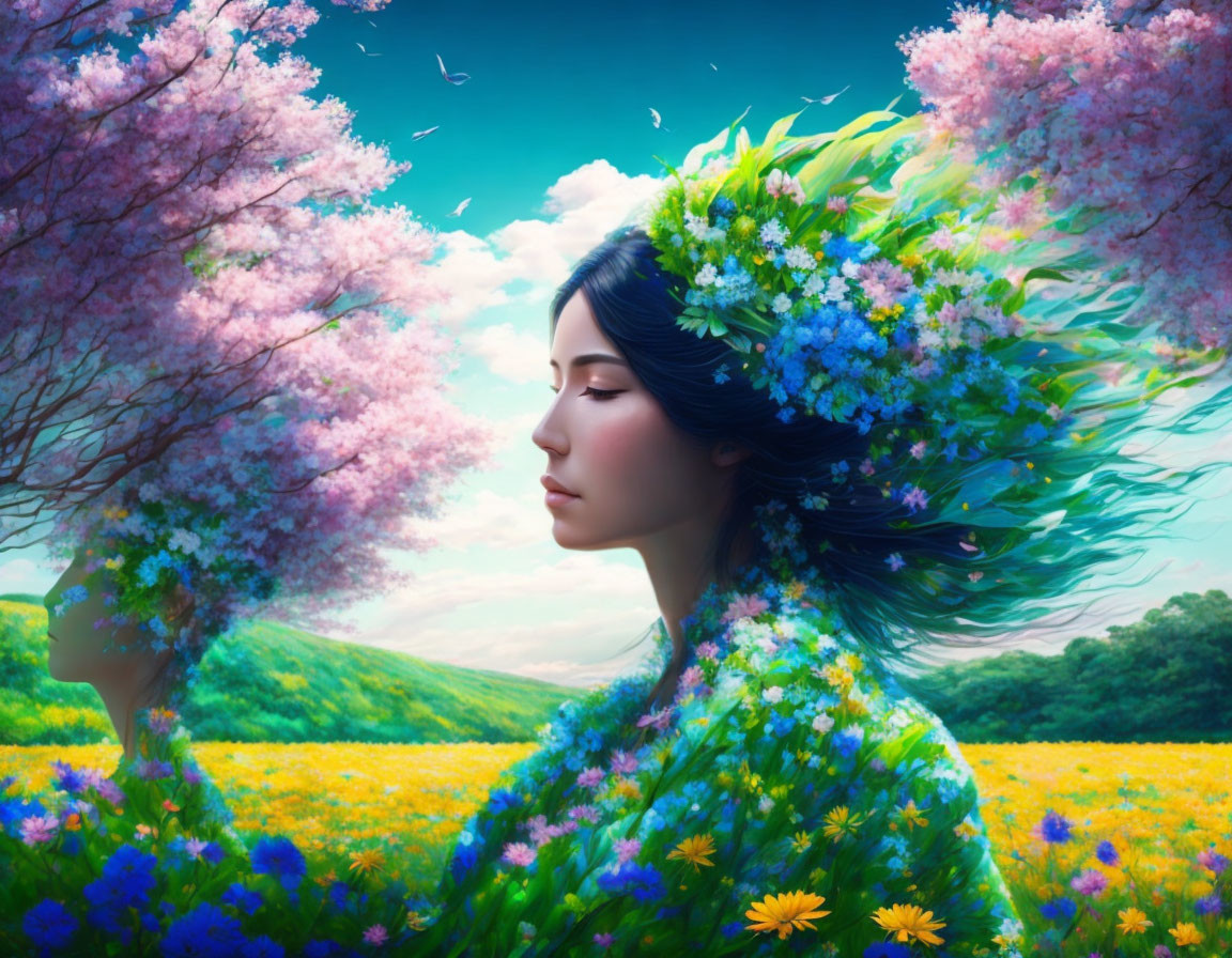 Profile of a woman merging with vibrant landscape and floral hair under blue sky