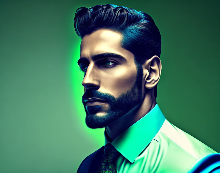 Stylized portrait of man with sculpted beard and neon accents