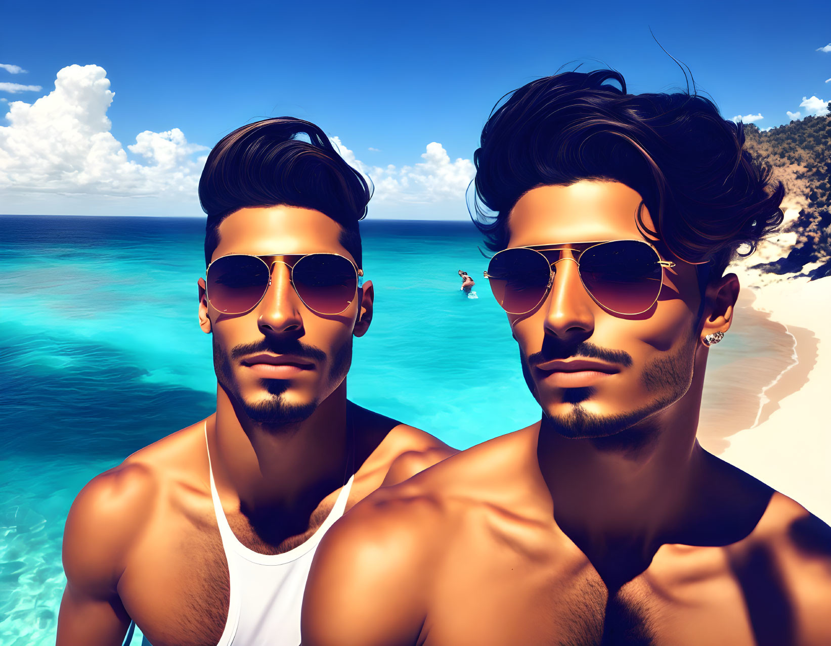 Stylized animated male characters with sunglasses on sunny beach