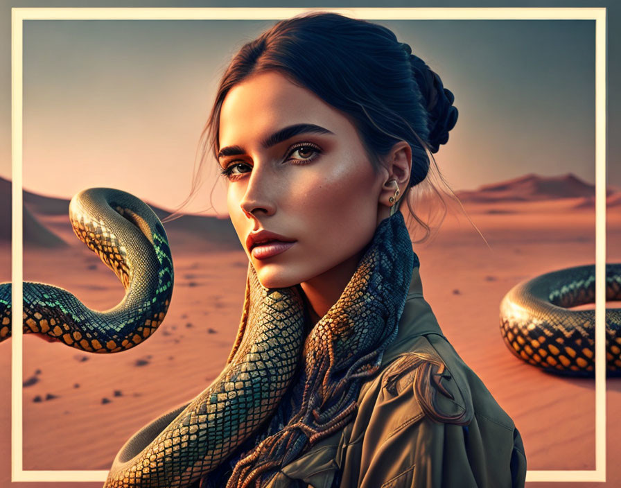 Woman with Braided Updo in Snake-Patterned Garment with Snake in Desert Dusk