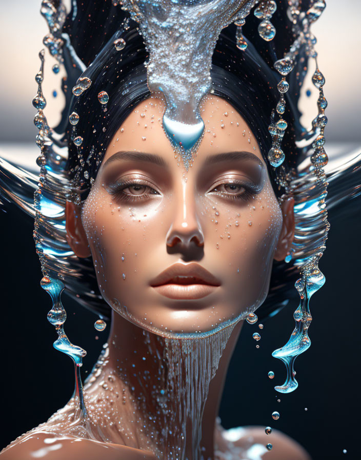 Surreal portrait: woman with liquid silver flowing, adorned with droplets & intricate crown details