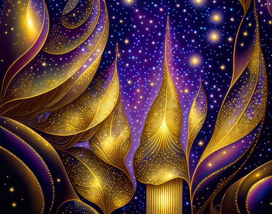 Golden leaf-like patterns on a starry night sky illustration