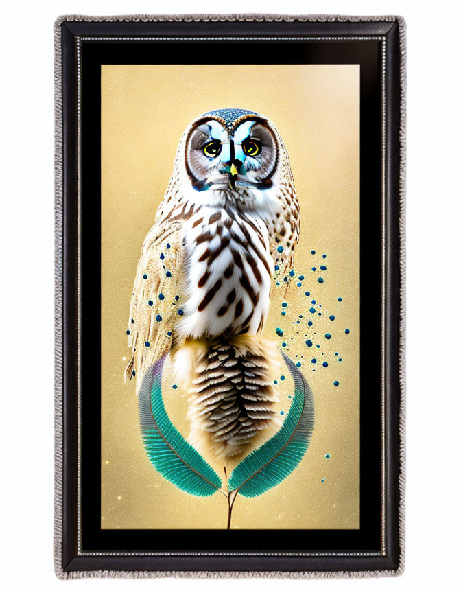 Stylized owl with vibrant eyes and dotted feathers in black frame