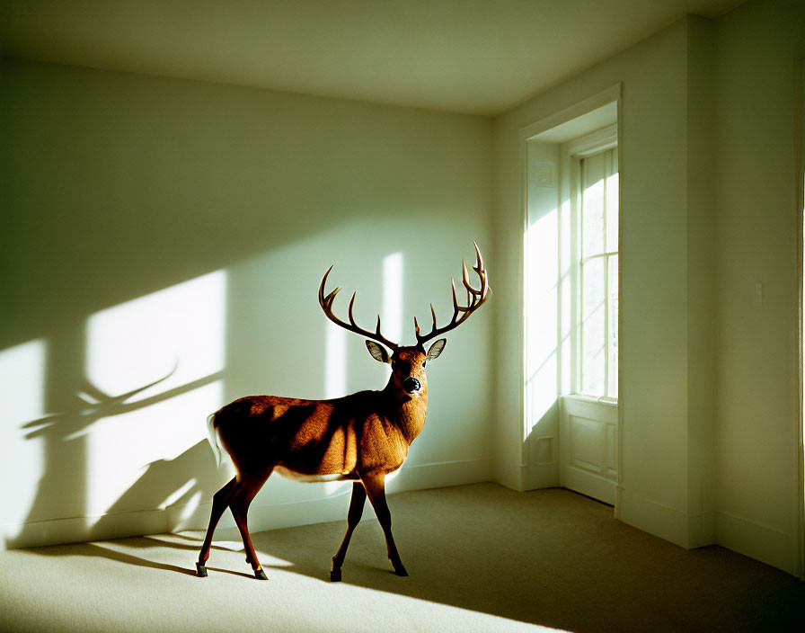 Prominent antlered stag in sunlit room with strong shadow