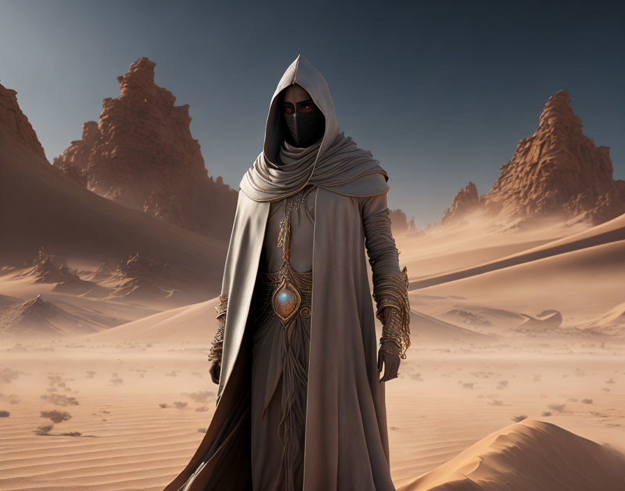 Robed Figure in Desert with Sandstone Formations