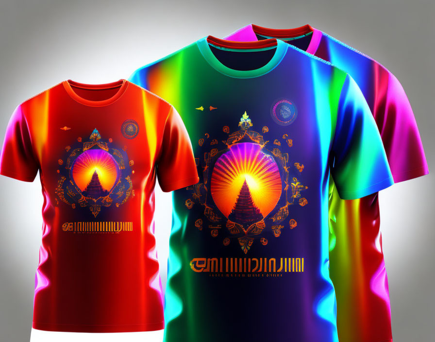 Vibrant Gradient-Colored T-Shirts with Mandala Designs & Mystical Symbols