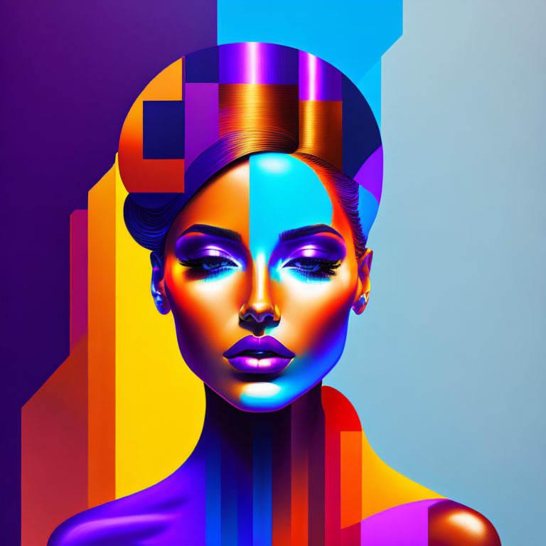 Colorful geometric digital portrait of a woman on purple background