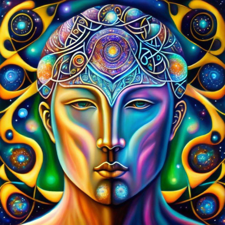 Colorful psychedelic portrait with symmetrical face and intricate patterns against cosmic background.