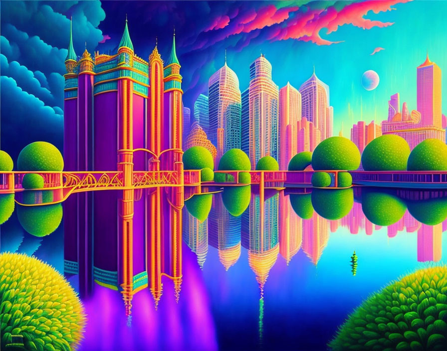 Fantasy cityscape with castles, modern buildings, trees, and colorful sky