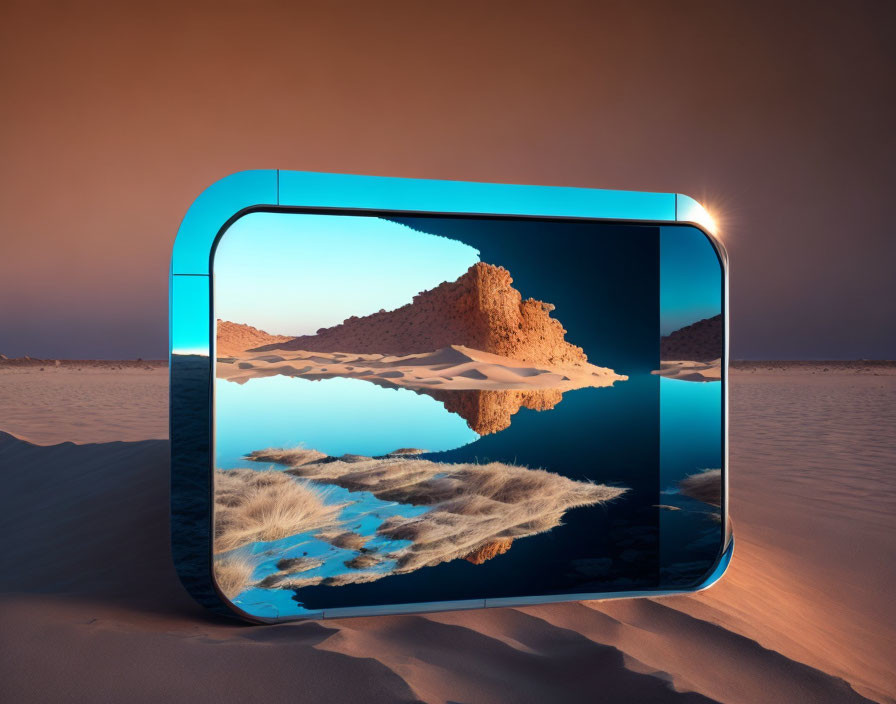 Desert landscape and rock formation reflected in futuristic screen