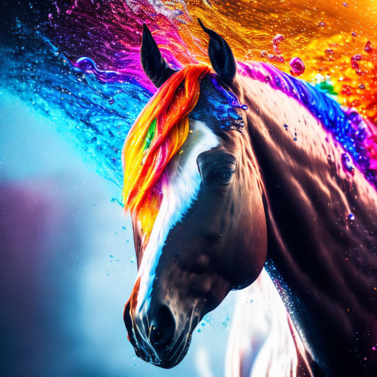 Colorful horse with rainbow mane in dynamic liquid colors.