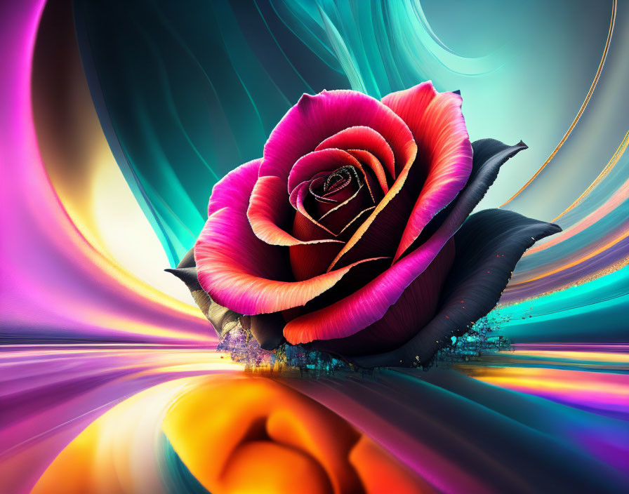 Colorful digitally enhanced rose on surreal background.