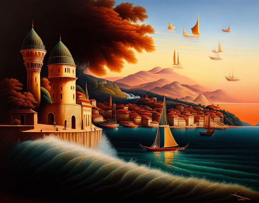 Surreal fantasy seascape with coastal town, castle-like buildings, and ships in the sky at