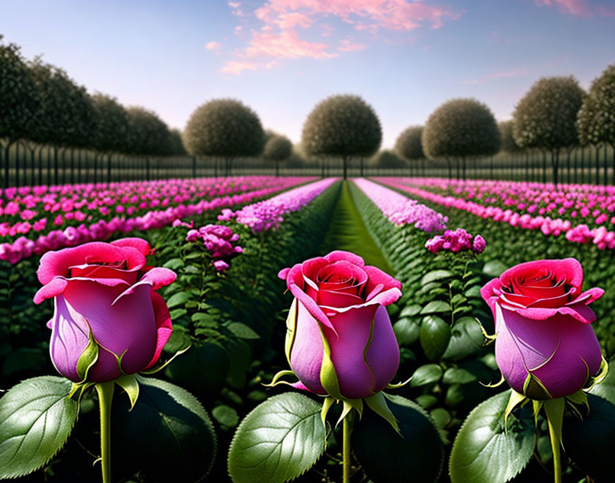 Lush garden with blooming pink roses and trimmed bushes under blue sky