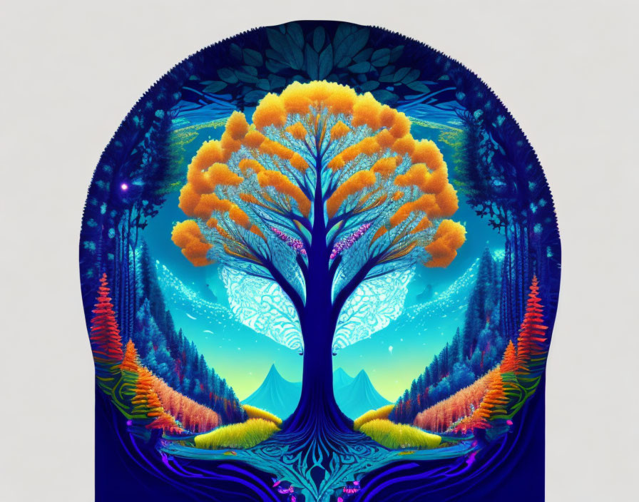 Colorful digital art: intricate stylized tree with orange foliage on blue backdrop.