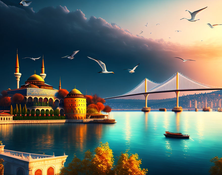 Iconic Istanbul skyline at sunset with Hagia Sophia and Bosphorus Bridge, birds and boats.