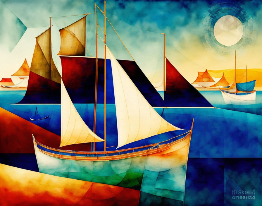 Abstract Sailboat Painting with Geometric Shapes in Blue, Orange, and Yellow