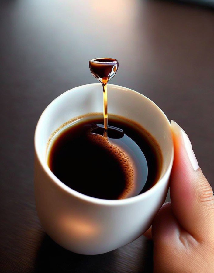 Close-up of hand holding white coffee cup with suspended droplet